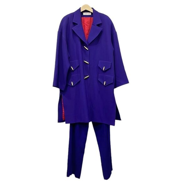 David Hayes 100% Wool Vintage Coat Pant Suit 80s Sz 14 Purple Toggle Pockets - Picture 2 of 15